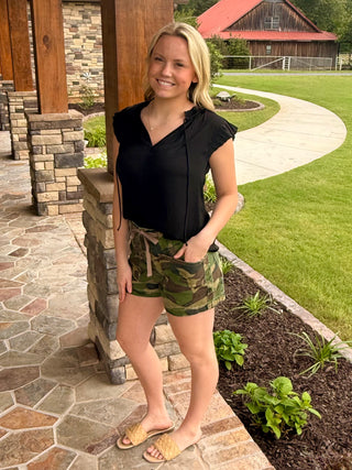 Risen Slouchy Camo Print Patch Pocket Shorts