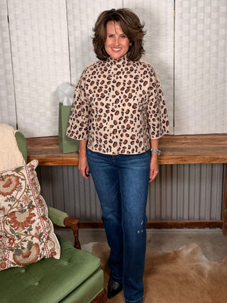 She & Sky Mock Neck Leopard Pattern Sweater