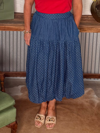 Easel Polka Dot Denim Bubble midi skirt