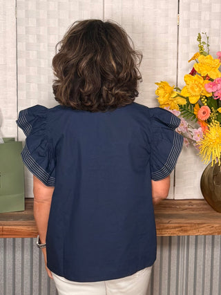 She & Sky Flutter Sleeve Embroidery Top