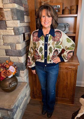 Queen of Sparkles Navy Trim Turkey, Leaf, and Acorn Cardigan