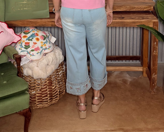 Floral Embroidered Wide Leg Denim