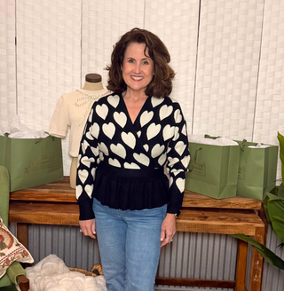 Umgee Heart Print Wrap Sweater with Peplum Hem