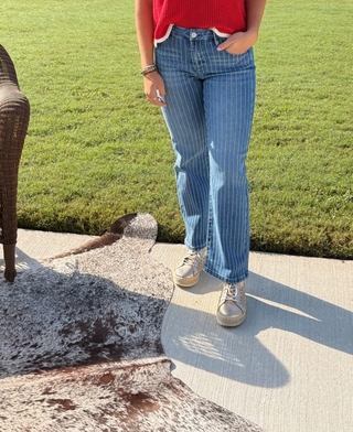 Risen Mid Rise Crop Straight Rhinestone Jeans