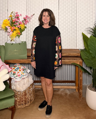 Umgee Crochet Sleeve Sweatshirt Dress