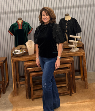 THML Floral Embroidery Black Velvet Top