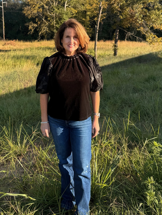 THML Floral Embroidery Black Velvet Top