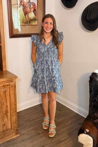 She & Sky Blue Floral Flutter Sleeve Dress