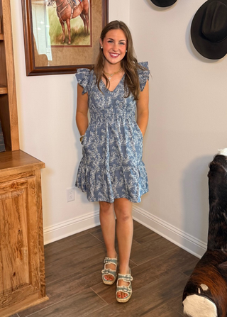 She & Sky Blue Floral Flutter Sleeve Dress
