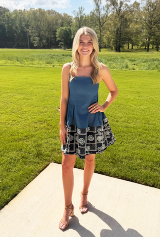 THML Denim Embroidery Sequin Spaghetti Strap Dress