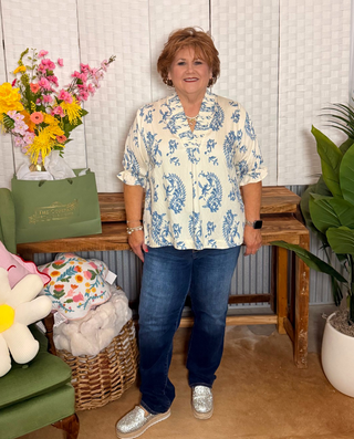 Umgee Floral Toile Smocked Detail Blouse