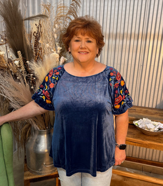 Umgee Velvet & Embroidered Sleeve Top