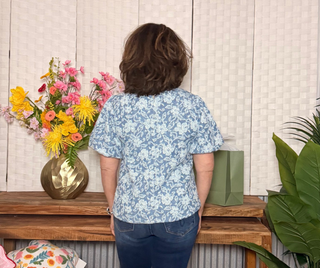 Blue Floral Bubble Sleeve Top