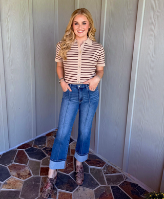 She & Sky Short Sleeve Button Down Striped Cardigan