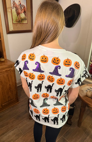 Queen of Sparkles White Pumpkin, Cat & Witch Hat Tee