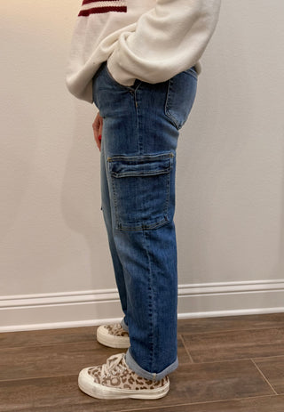 Risen High Rise Crop Straight Cargo Roll UP Jeans