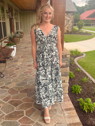 Midnight Palm Ruffle Maxi Dress