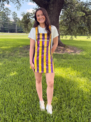 QoS LSU Purple and Gold Sequin Stripe Overall Tee Dress