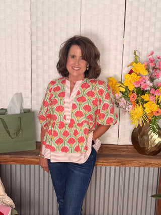 She & Sky Retro Fan Print Peplum Top