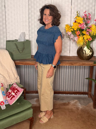 Umgee Chambray Scalloped Sleeve Smocked Top