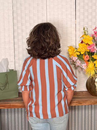 THML Striped Brown and Blue Striped V Neck Top