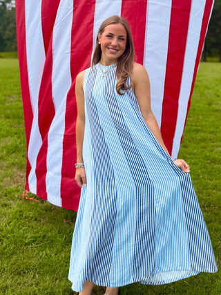 THML Vacation Vibe Stripe Sleeveless Midi Dress