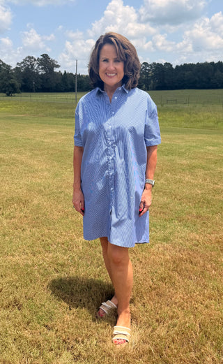 Blue Stripped Shirt Dress with Sparkles