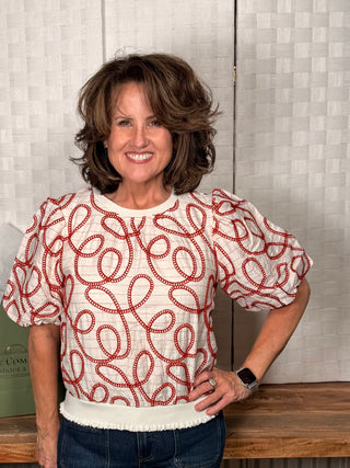 Voy Ribbed Stripe Top with Loop Embroidery
