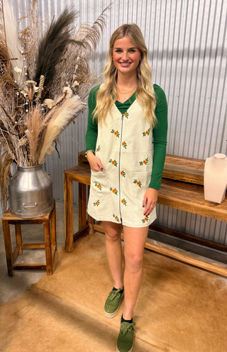 Fantastic Fawn Embroidered Corduroy  Zipper Front Mini A-Line Dress