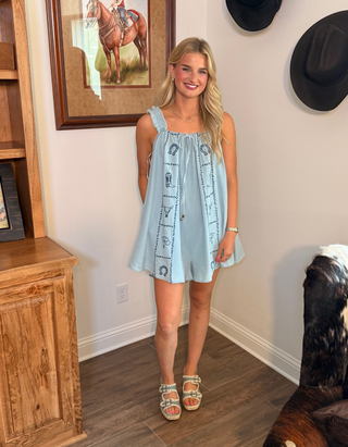 Peach Love Western Embroidery Double Ruffle Romper