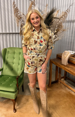 Fantastic Fawn Western Print 3/4 sleeve Romper