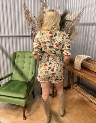 Fantastic Fawn Western Print 3/4 sleeve Romper