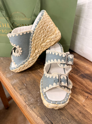 The Rae Blue Embroidered Espadrille Wedges