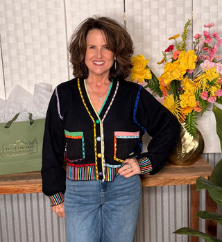 Queen of Sparkles Rainbow Trim Button Up Cardigan