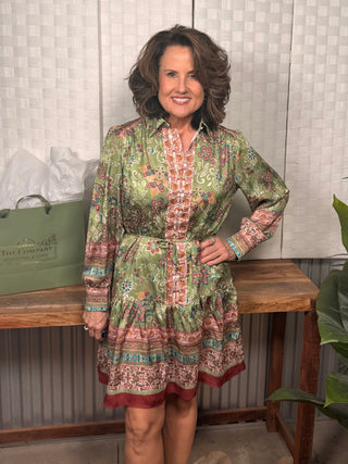Paisley Border Print Shirt Collar Long Sleeve Mini Dress with Tie