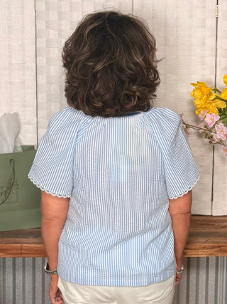 Lori Blue and White Seersucker Top