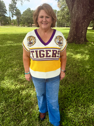 QoS LSU Licensed Double Mascot V Neck Sweater Vest