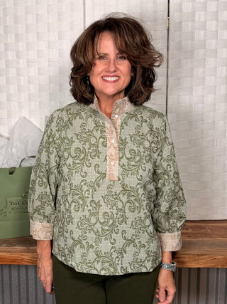 Voy Quarter Button Down Contrast Band Paisley Top