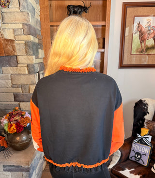 Queen of Sparkles Multi Ruffle Lace Trim Pumpkin & Bat Sweatshirt