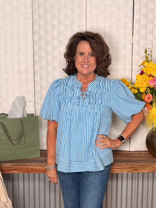 She & Sky Striped Tie Puff Sleeve Top