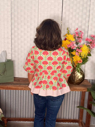 She & Sky Retro Fan Print Peplum Top