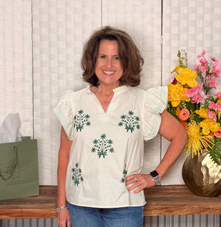 She & Sky Flutter Sleeve Embroidery Top