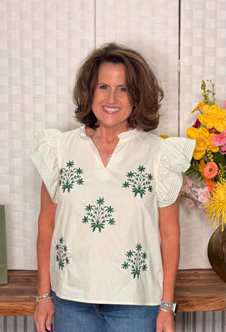 She & Sky Flutter Sleeve Embroidery Top