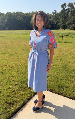 THML Blue Gingham Embroidered Midi Dress