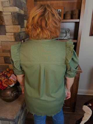 Linen Button Up Shirt with Frayed Hem and Gathered Sleeves