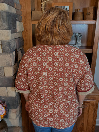 Umgee Short Sleeve Jacquard Jersey Top