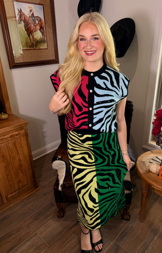 Queen of Sparkles Colorblock Zebra Knit Midi Skirt