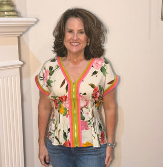 THML Zipper Front Floral Top