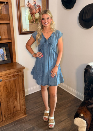 She & Sky Braid Trim Denim Swing Dress