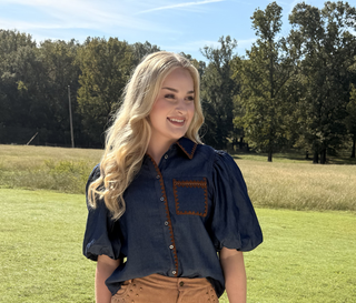 THML Puff Sleeve Denim Button Up Top